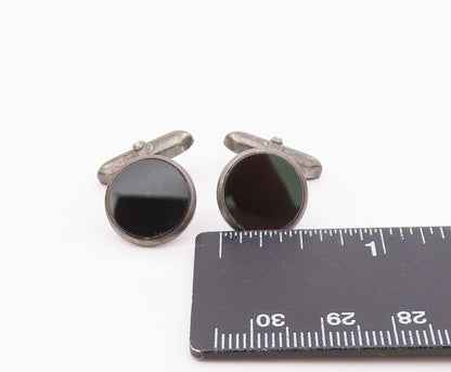 925 Sterling Silver  Vintage Minimalist Round Black Onyx Cuff Links  TR3441