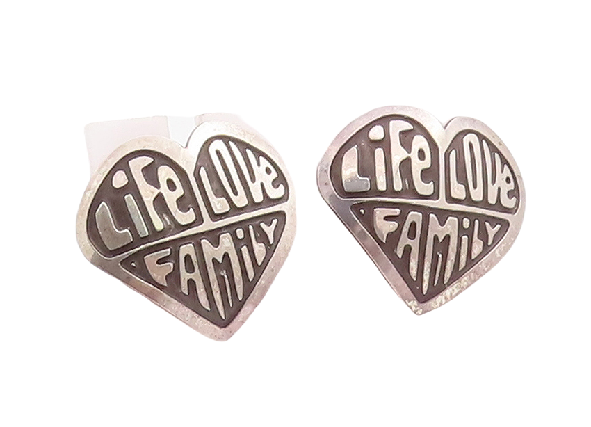 925 Sterling Silver Vintage Earrings Life Love Family Etched Heart  EG13136