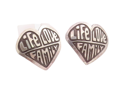 925 Sterling Silver Vintage Earrings Life Love Family Etched Heart  EG13136