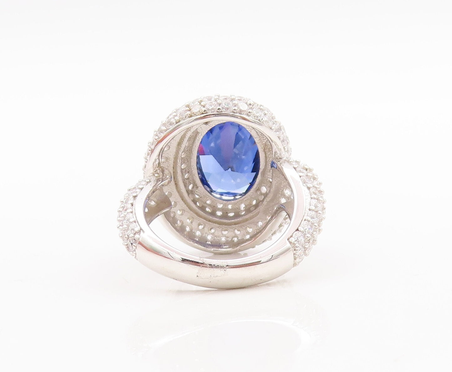 925 Sterling Silver Vintage Ring Designer Oval Sapphire Halo CZ Sz 7.5 RG29568