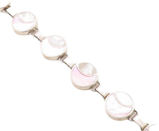 SOUL TOWER 925 Silver  Vintage Inlaid Mother Of Pearl Chain Bracelet  BT1505