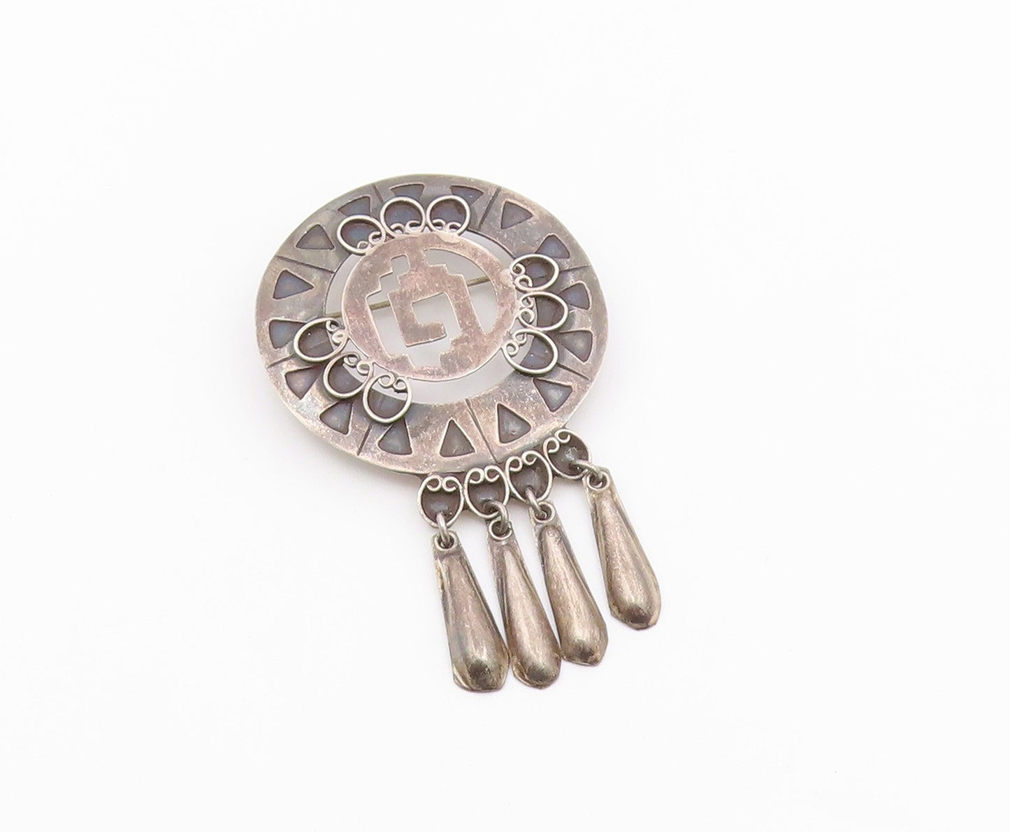 MEXICO 925 Sterling Silver  Vintage Oxidized Dangling Brooch Pin  BP3837
