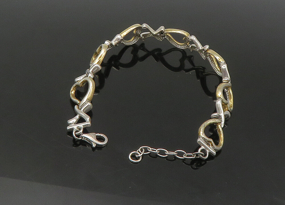 925 Sterling Silver  Vintage Two Tone Open Love Heart Chain Bracelet  BT8760