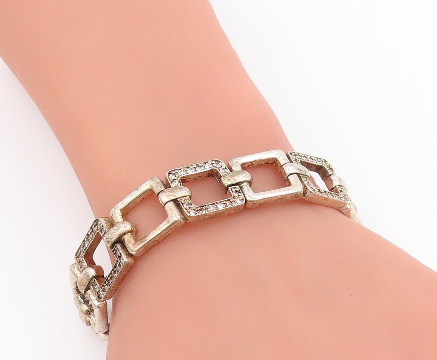 925 Sterling Silver Vintage Bracelet CZ Hollow Geometric Square Link  BT11698