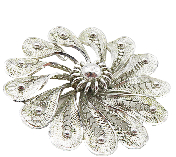 CAMEO 925 Sterling Silver  Vintage Shiny Filigree Flower Brooch Pin  BP3445