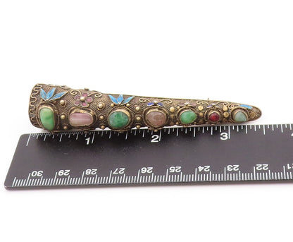 925 Sterling Silver Vintage Brooch CHINESE EXPORT Gold Plated Gemstones  BP11531