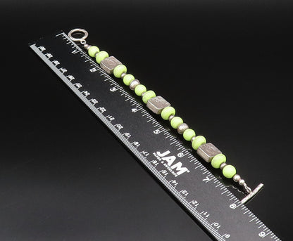 925 Silver  Vintage Green Turquoise Beads & Engraved Fish Bracelet  BT9673