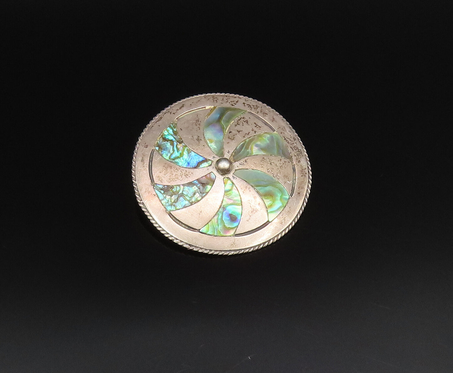 TAXCO 925 Silver  Vintage Twisted Rope Edge Abalone Fidget Brooch Pin  BP9889