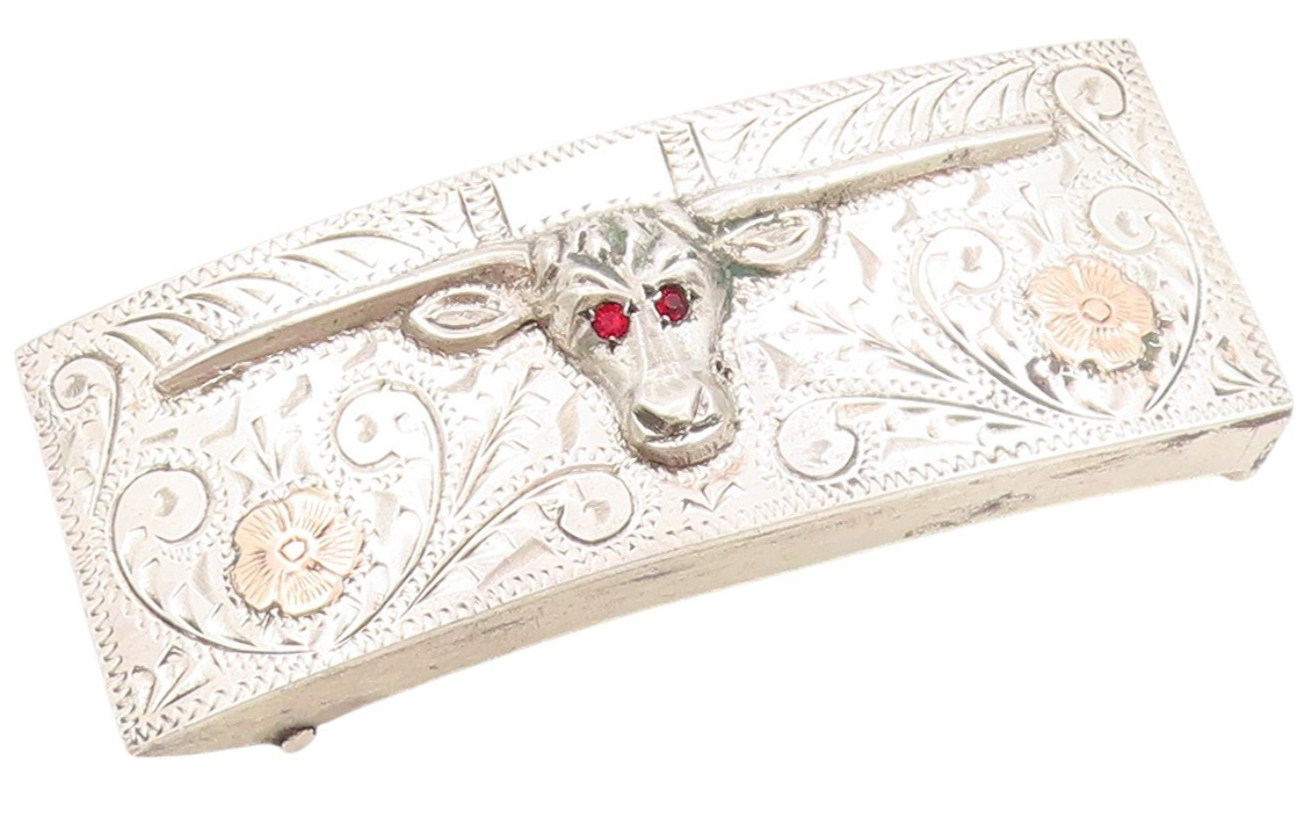 14k Gold 925 Sterling Silver Vintage Belt Buckle CZ Eyed Long Horn Bull  TR3917