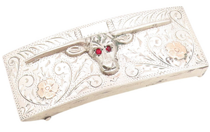 14k Gold 925 Sterling Silver Vintage Belt Buckle CZ Eyed Long Horn Bull  TR3917