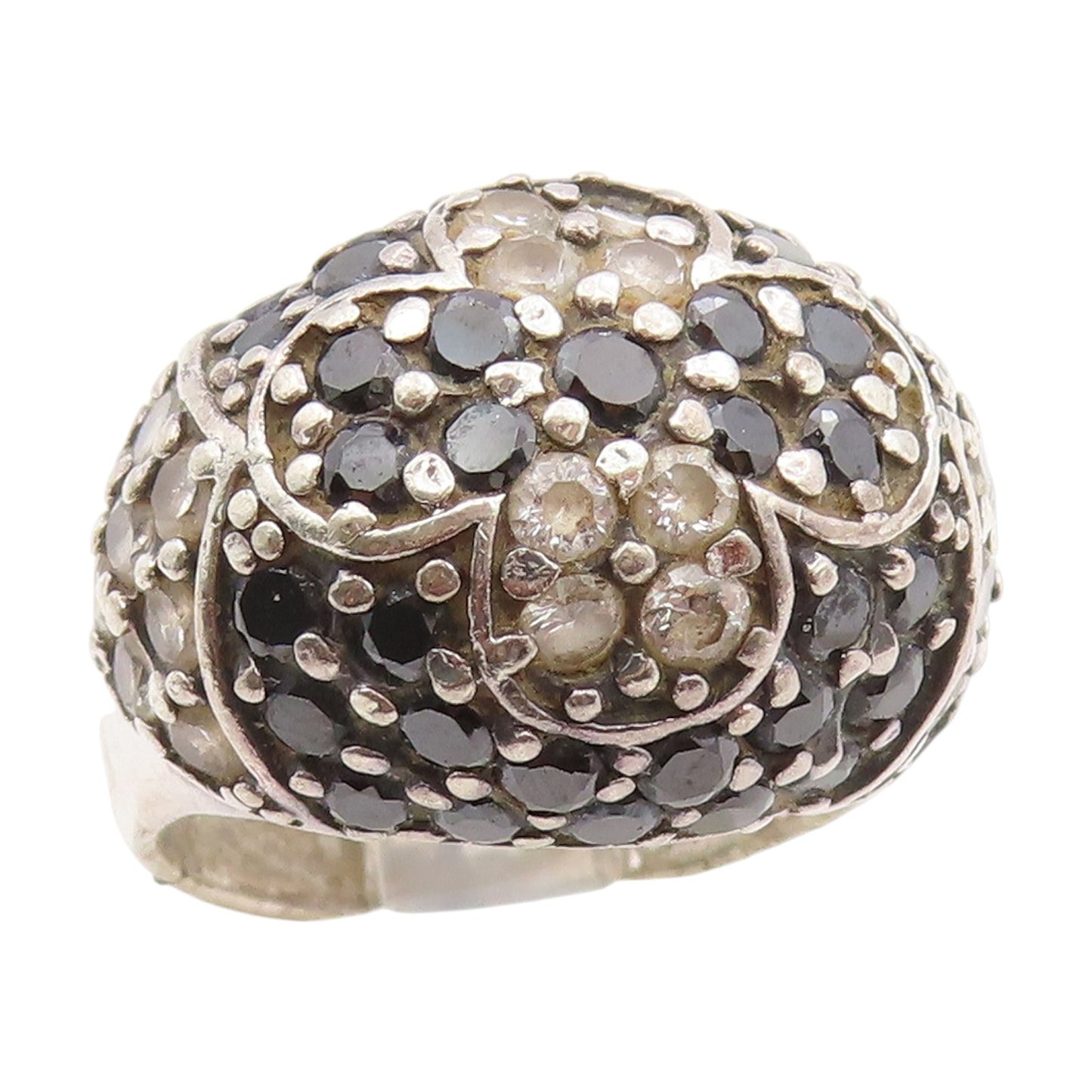 925 Sterling Silver Vintage Ring White & Black CZ Cluster Dome  Sz 8.5  RG34195