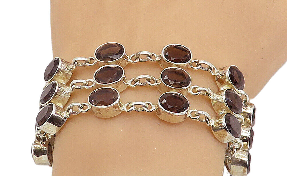 925 Sterling Silver  Faceted Smoky Topaz Shiny 3 Row Chain Bracelet  BT3296