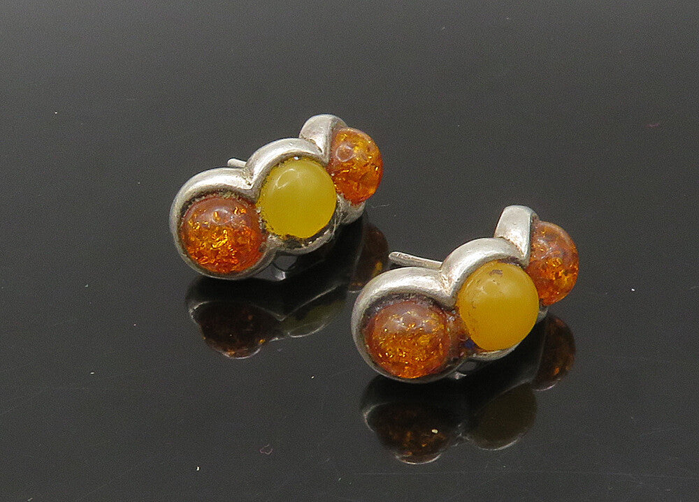 925 Sterling Silver  Vintage Cabochon Cut Amber Curve Drop Earrings  EG11194