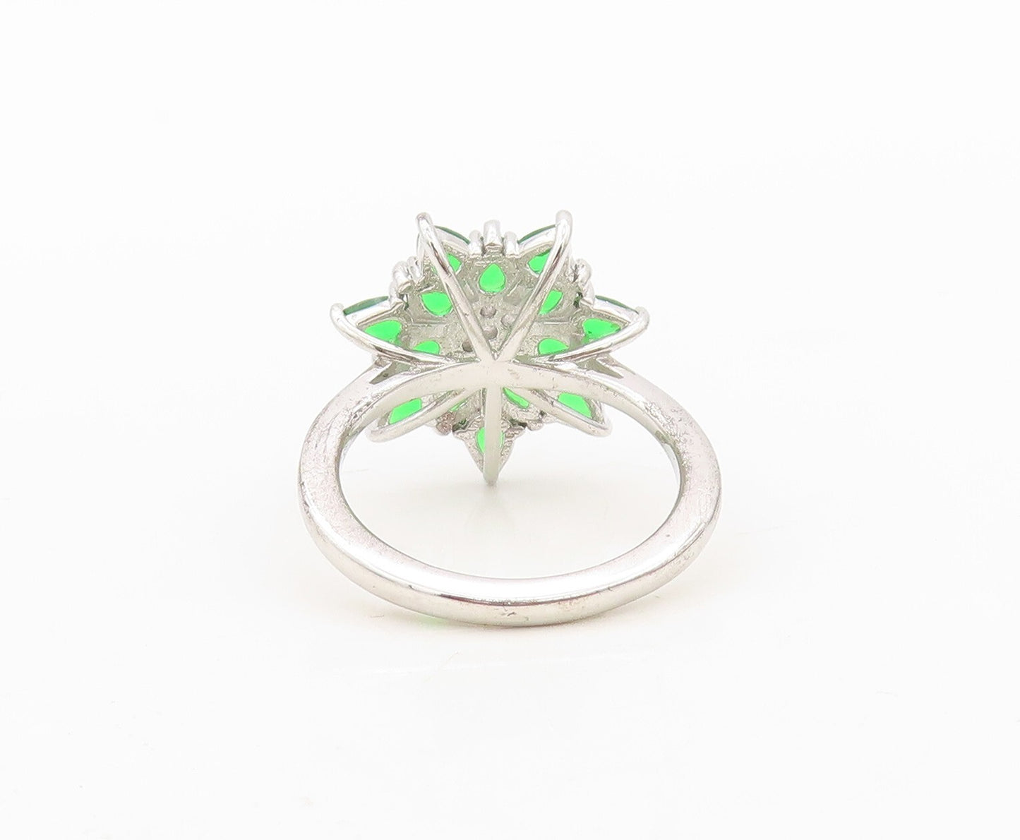 925 Sterling Silver Vintage Ring Drop Cut Green & White CZ Flower  Sz 7  RG30367