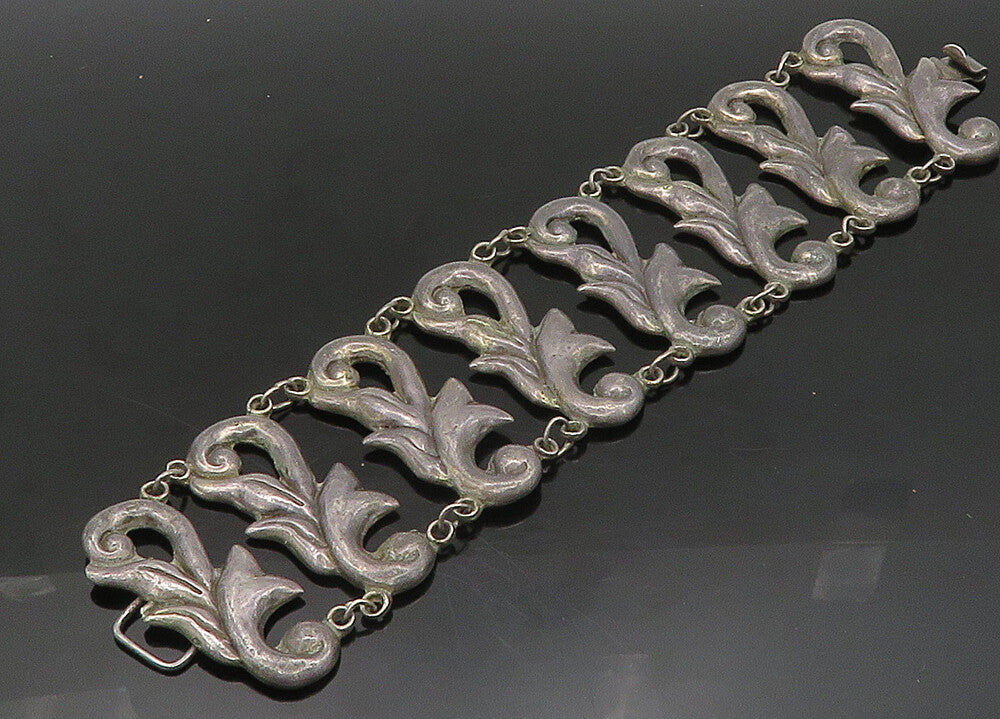 MEXICO 925 Sterling Silver  Vintage Antique Floral Swirl Chain Bracelet BT8054