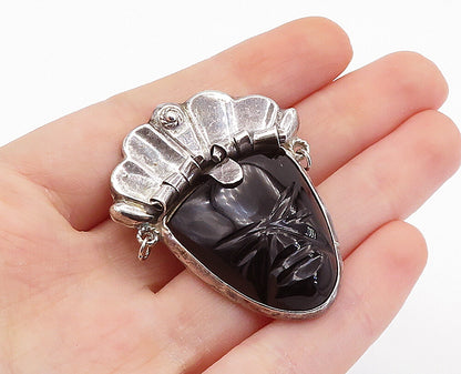 MEXICO 925 Sterling Silver  Vintage Face Carved Black Onyx Brooch Pin  BP2618