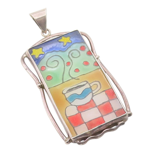 925 Sterling Silver Vintage Pendant MEXICO Glass Colorful Teacup Scene  PT26099
