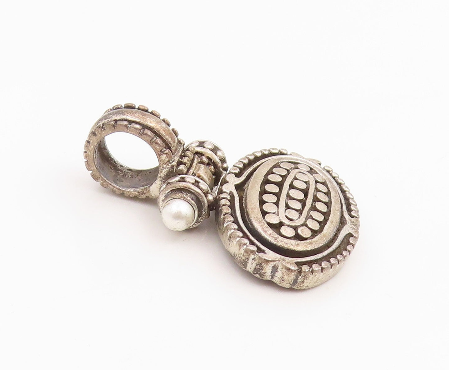 925 Sterling Silver Vintage Pendant Double Pearl Designer Beaded Charm  PT25952
