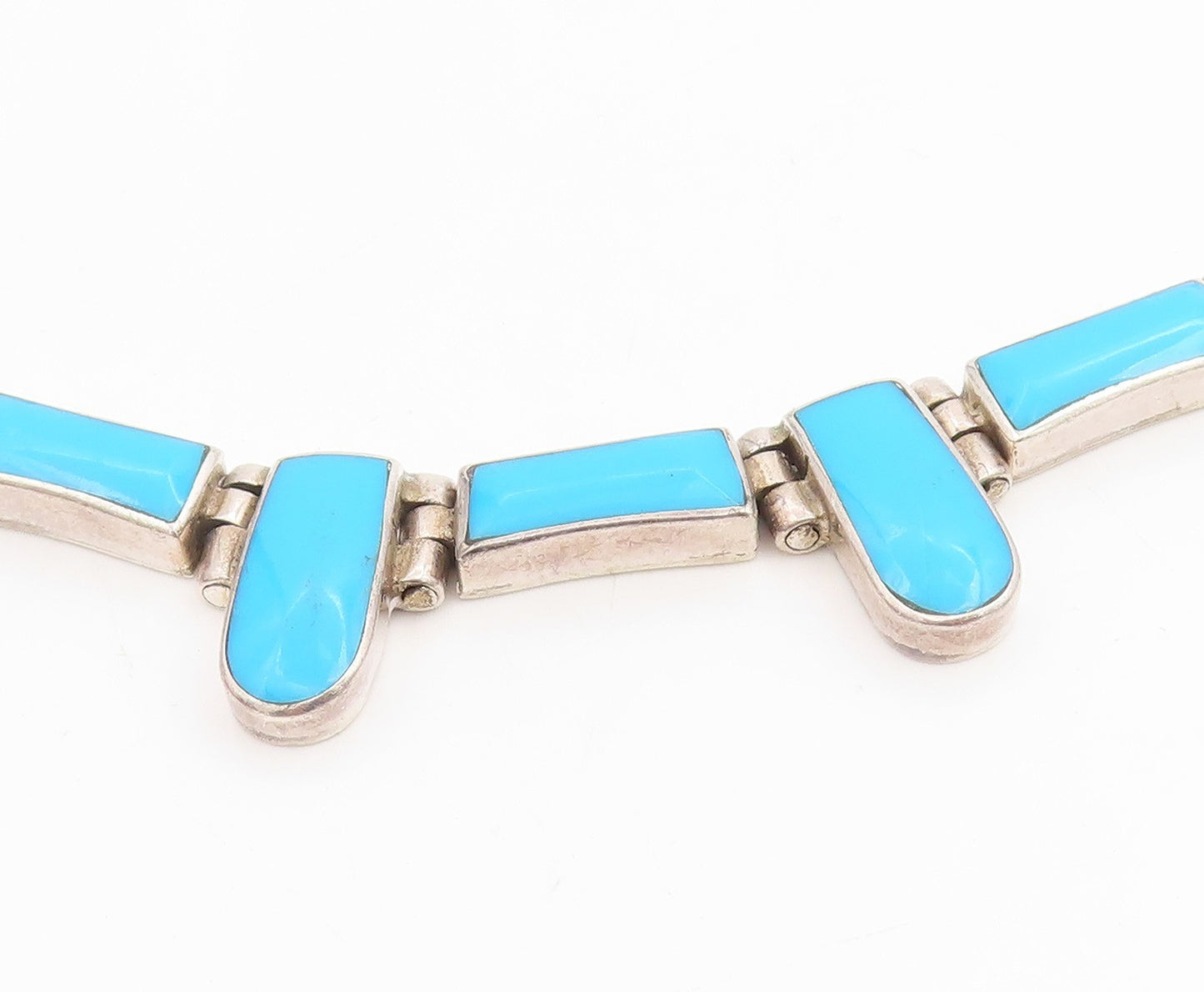 925 Sterling Silver Vintage Necklace MEXICO Turquoise Inlay Panel Choker  NE4787