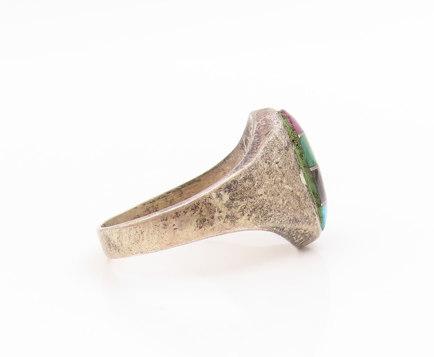 925 Sterling Silver Vintage Ring Multi Gemstone Inlay Band  Sz 9.5  RG34618