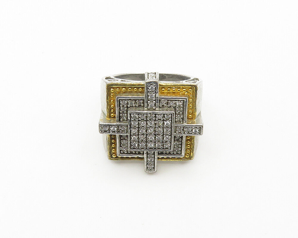 925 Sterling Silver  Vintage Topaz Two Tone Square Cocktail Ring Sz 9  RG18306