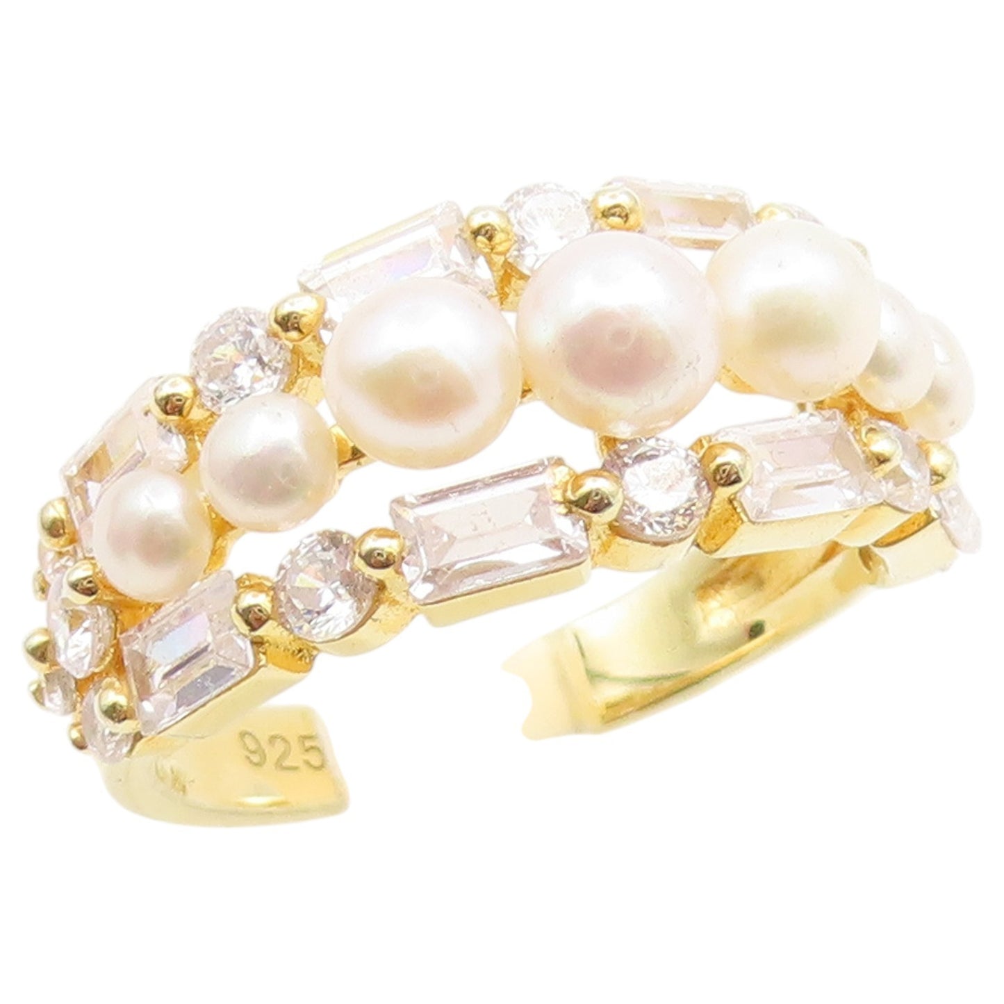 925 Sterling Silver Vintage Ring Gold Plated Pearl Statement Band  Sz 8  RG36782