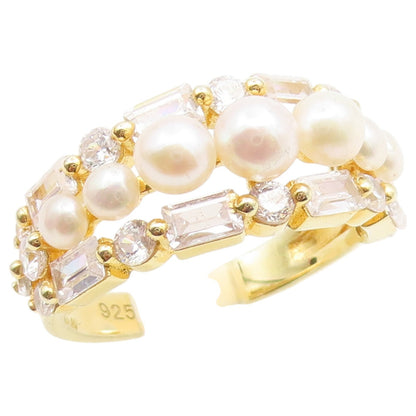 925 Sterling Silver Vintage Ring Gold Plated Pearl Statement Band  Sz 8  RG36782