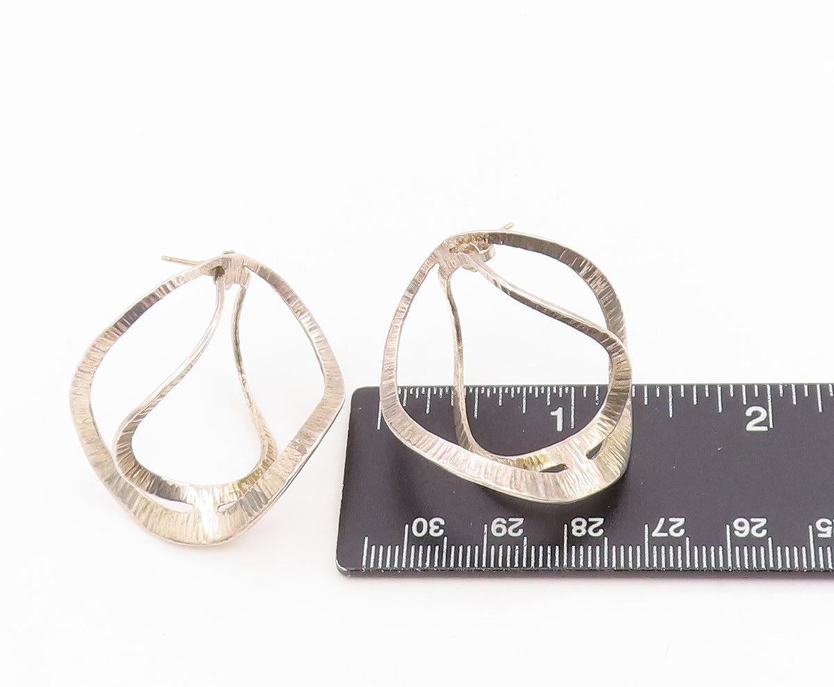 14k Gold & 925 Sterling Silver Vintage Earrings Double Wavy Open Hoops  EG13988