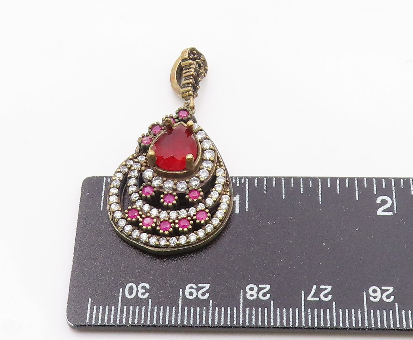925 Sterling Silver  Vintage Red Topaz Cubic Zirconia & Ruby Pendant  PT6287