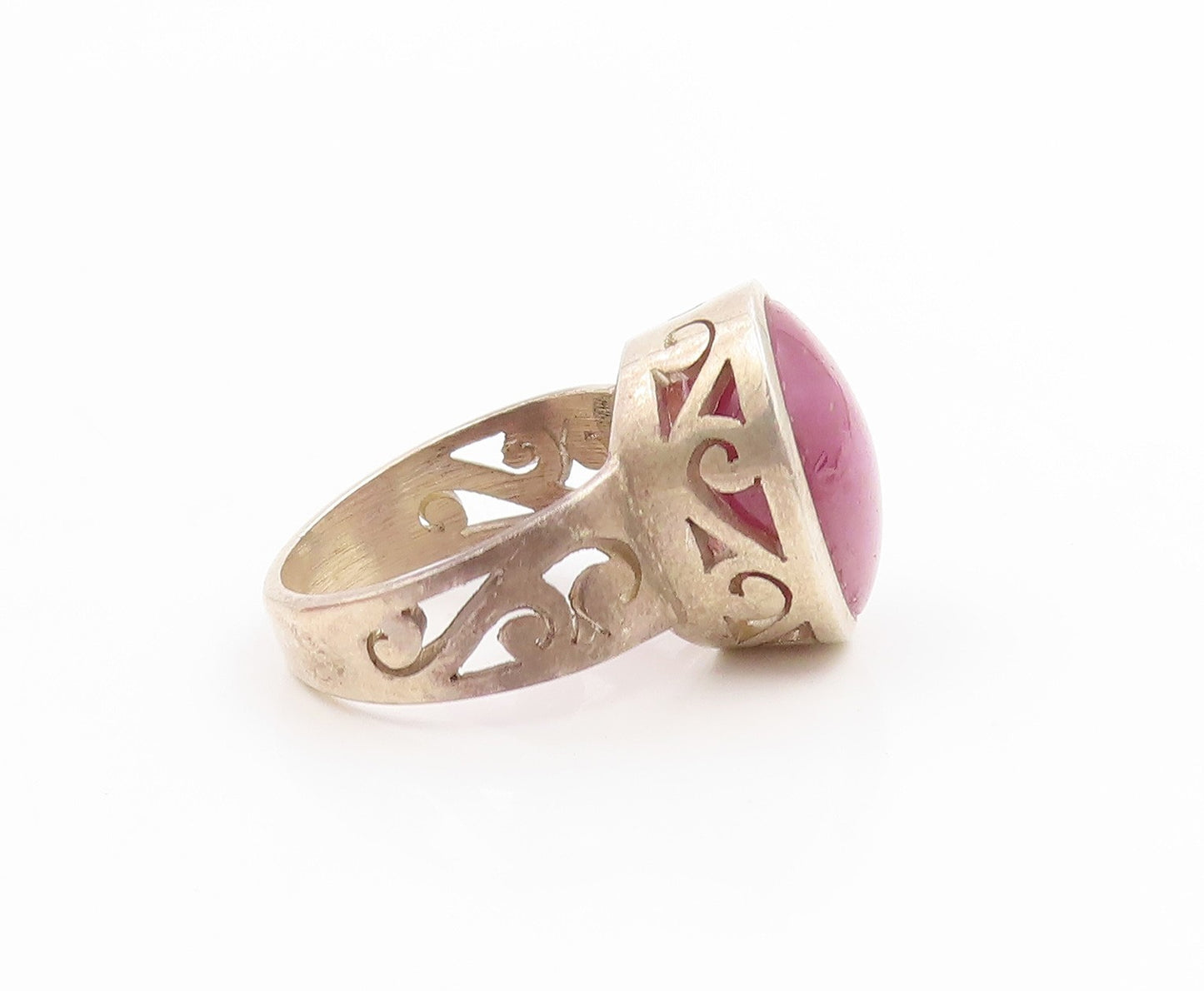 925 Sterling Silver Vintage Ring Oval Cat Eye Open Scrollwork Band Sz 9 RG34745