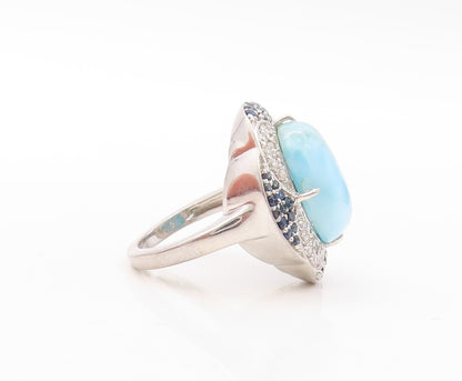 925 Sterling Silver Vintage Ring Larimar Halo Sapphire & Topaz  Sz 7 RG30844