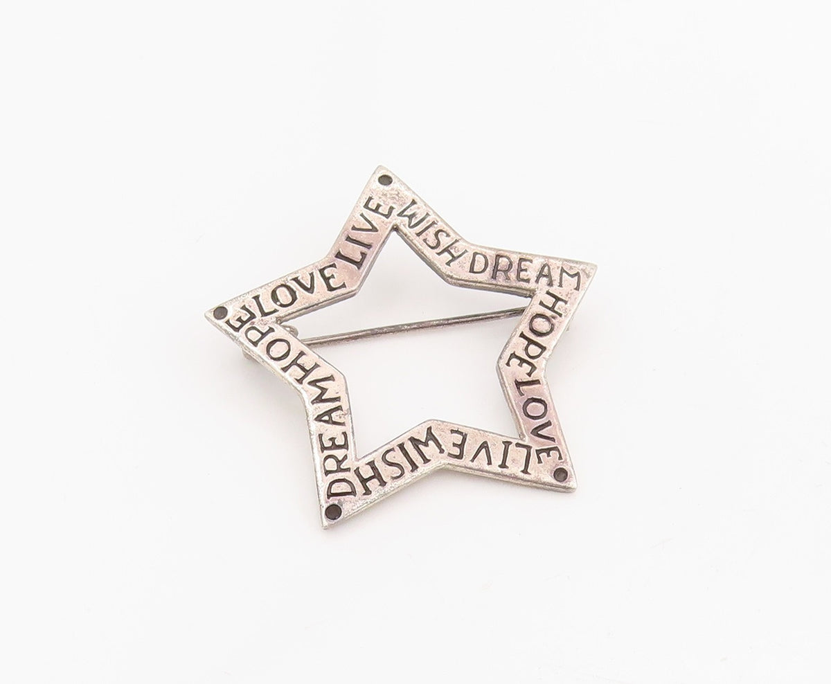 925 Sterling Silver Vintage Brooch Engraved Inspirational Words Star BP12054