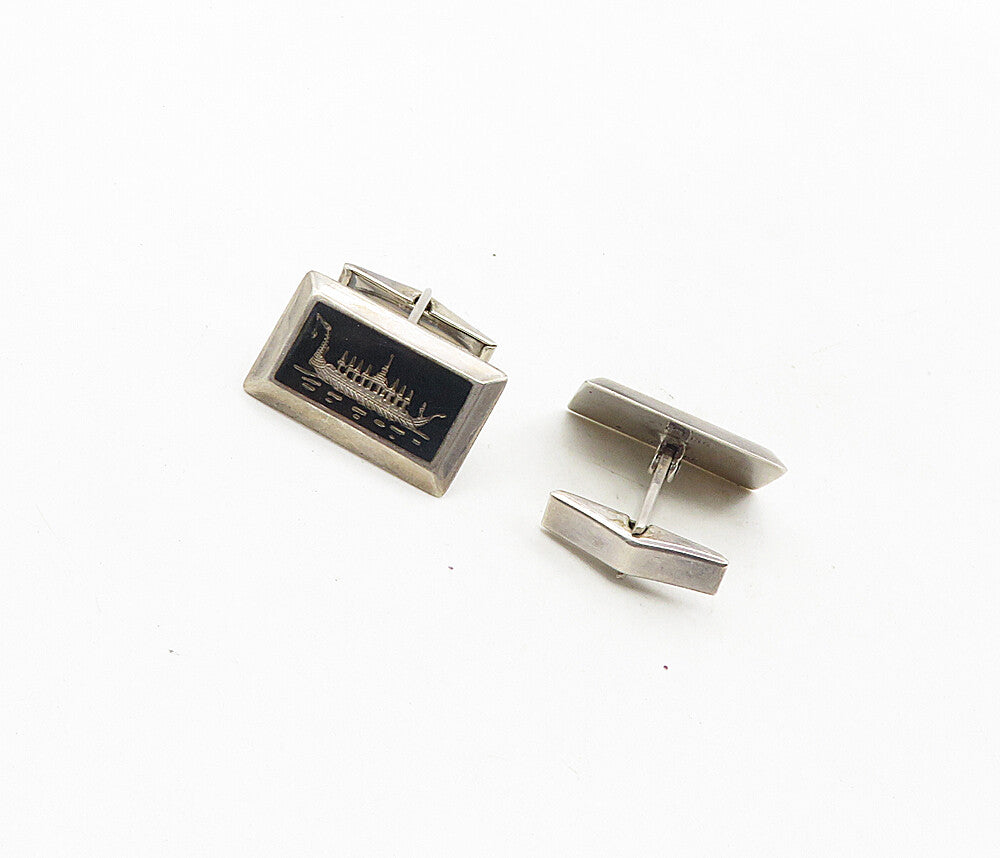 SIAM 925 Sterling Silver  Vintage Enamel Dragon Boat Square Cuff Links  TR1568