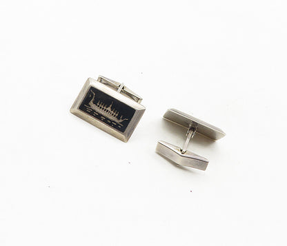 SIAM 925 Sterling Silver  Vintage Enamel Dragon Boat Square Cuff Links  TR1568