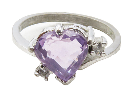 925 Sterling Silver  Love Heart Amethyst Shiny Band Ring Sz 5.5  RG12583