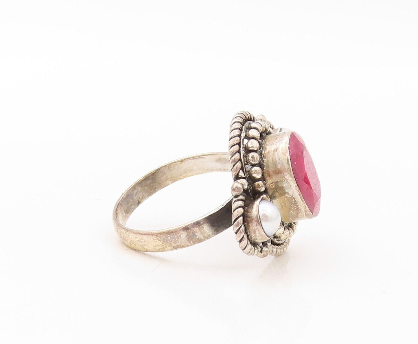 925 Sterling Silver Vintage Ring Twisted Rope Carved Ruby & Pearl Sz 7.5 RG30211