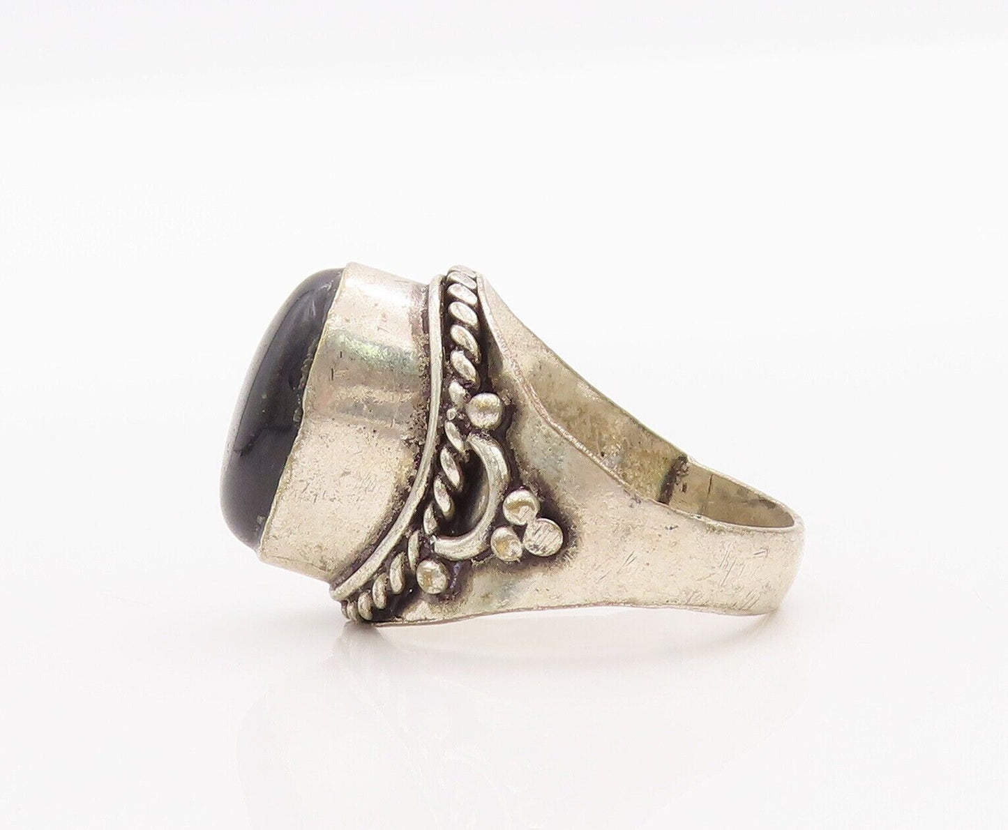 925 Sterling Silver Vintage Ring Roped Carved Oval Cabochon Onyx  Sz 9.5 RG28249