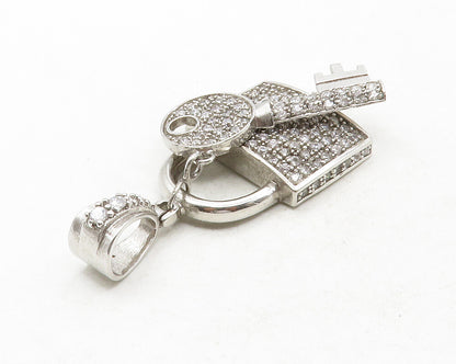 925 Sterling Silver  Vintage Cubic Zirconia Pad Lock & Key Pendant  PT10142