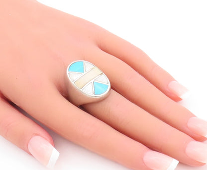 925 Sterling Silver Vintage Ring NAVAJO ZUNI Large Gemstones Inlay Sz 10 RG28895