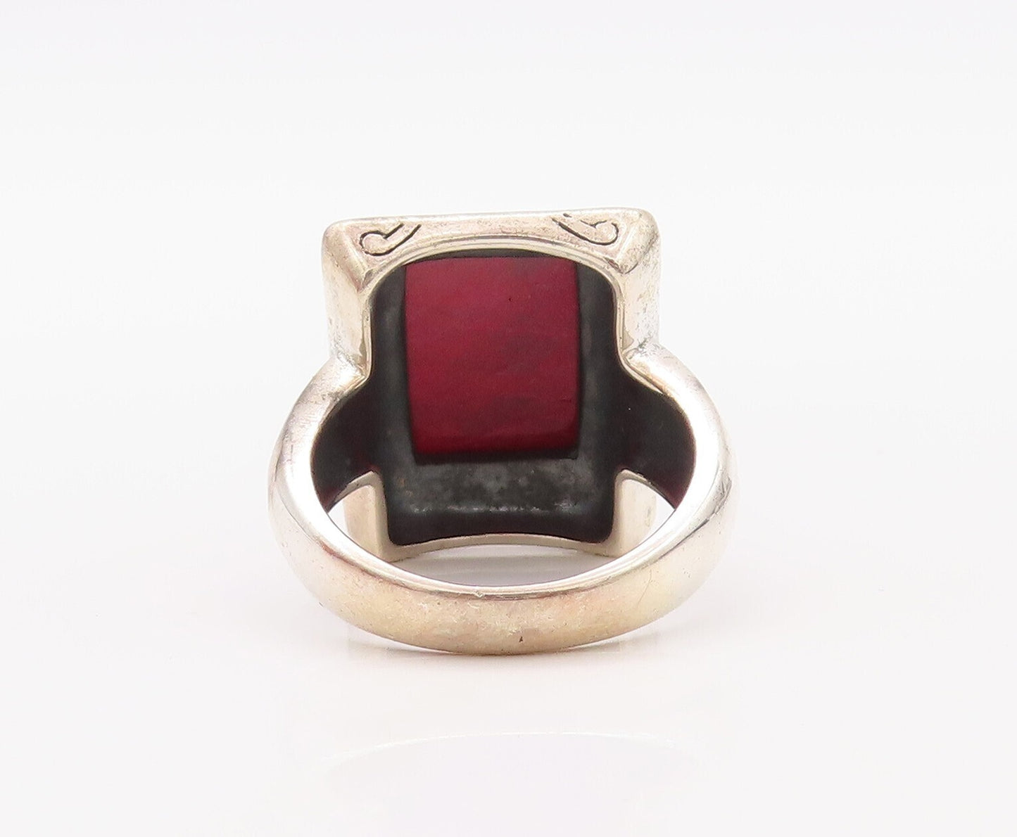 925 Sterling Silver Vintage Ring Red Gemstone Floral Fame Carved  Sz 8  RG30765