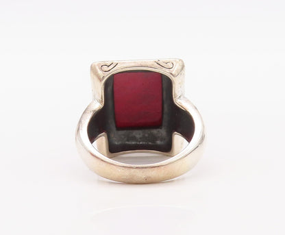 925 Sterling Silver Vintage Ring Red Gemstone Floral Fame Carved  Sz 8  RG30765
