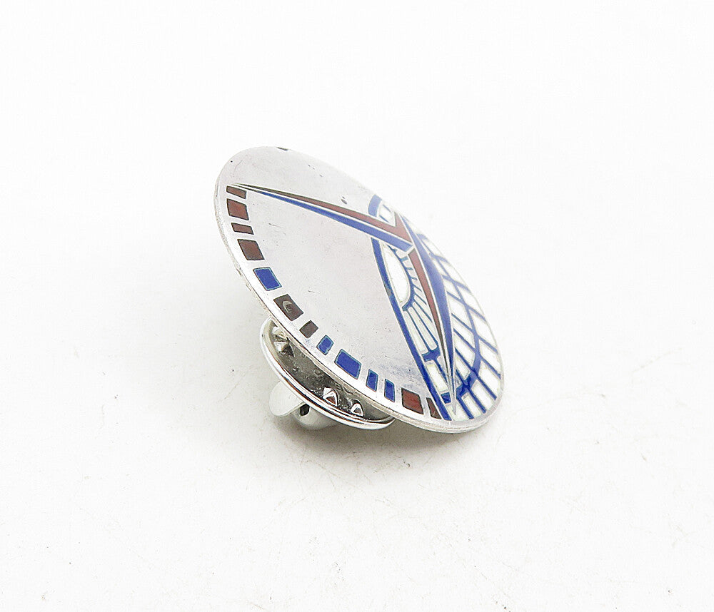 925 Sterling Silver  Vintage Enamel Globe Detail Round Lapel Pin   TR1500