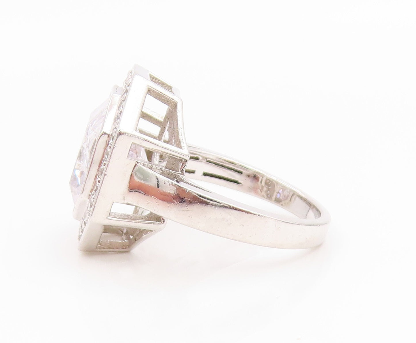 925 Sterling Silver Vintage Ring CZ Halo Geometric Octagon Band  Sz 7  RG35769