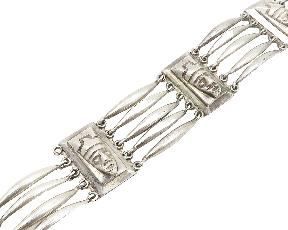 MEXICO 925 Sterling Silver  Vintage Shiny Warrior Head Chain Bracelet  BT7555