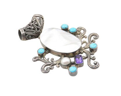 925 Silver  Vintage Mother Of Pearl Turquoise Amethyst & Pearl Pendant  PT7729