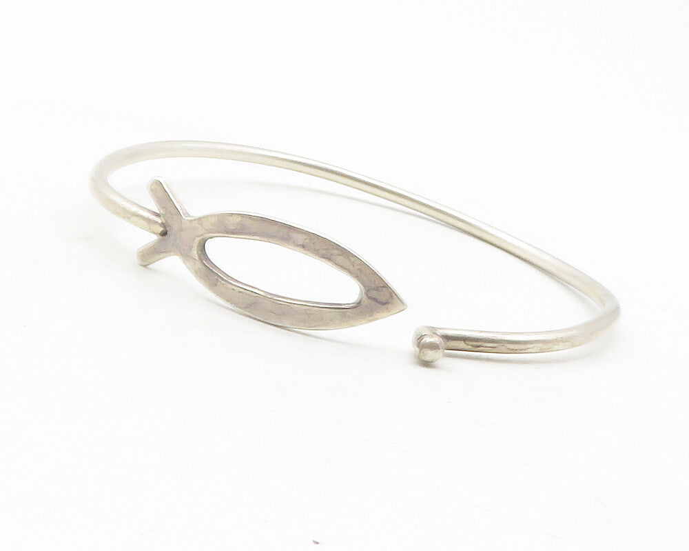 MEXICO 925 Sterling Silver  Vintage Open Fish Motif Bangle Bracelet  BT4768