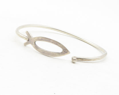 MEXICO 925 Sterling Silver  Vintage Open Fish Motif Bangle Bracelet  BT4768