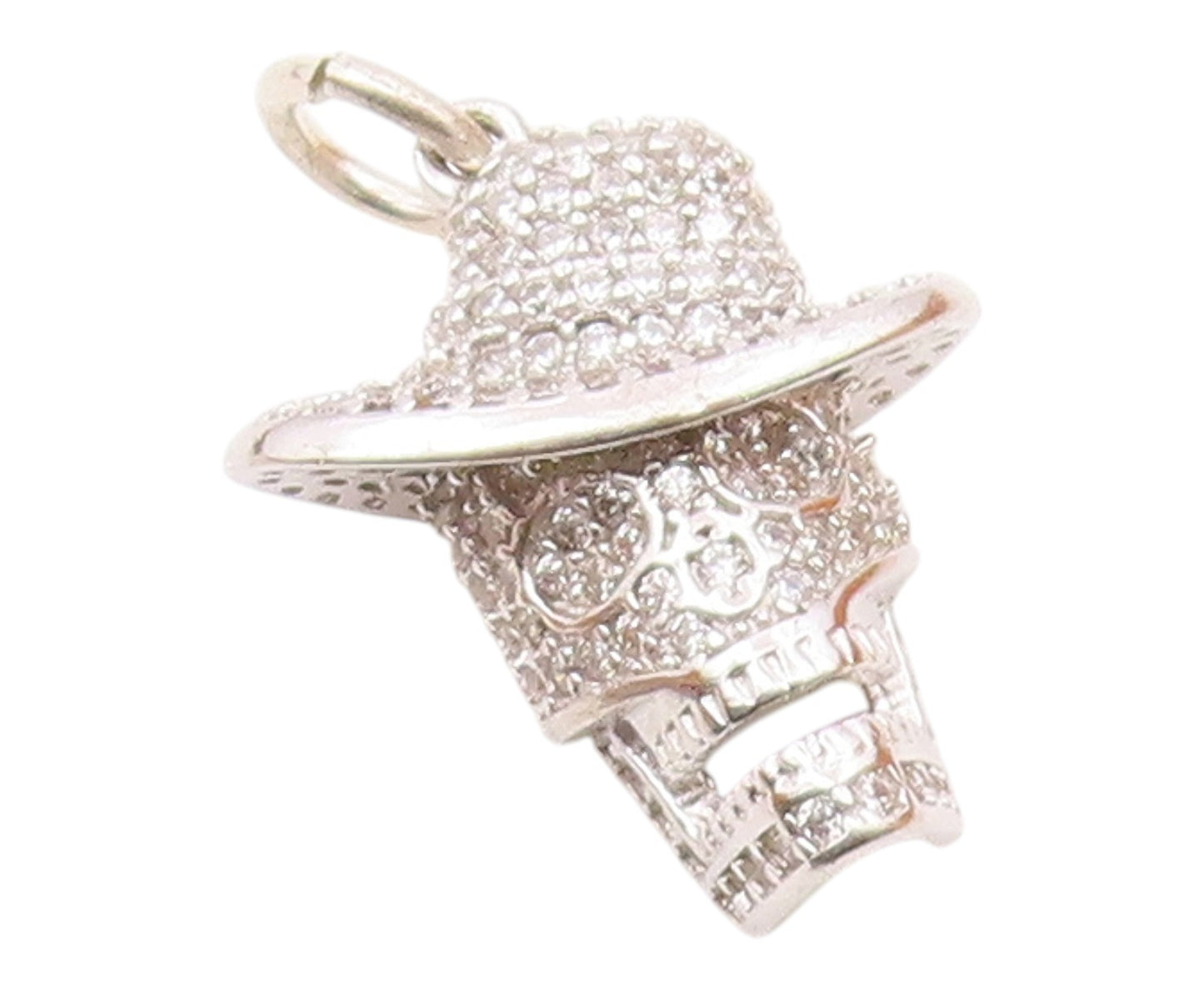 925 Sterling Silver  Vintage Skull Head With Hat Topaz Pendant  PT20233