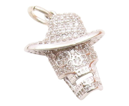 925 Sterling Silver  Vintage Skull Head With Hat Topaz Pendant  PT20233