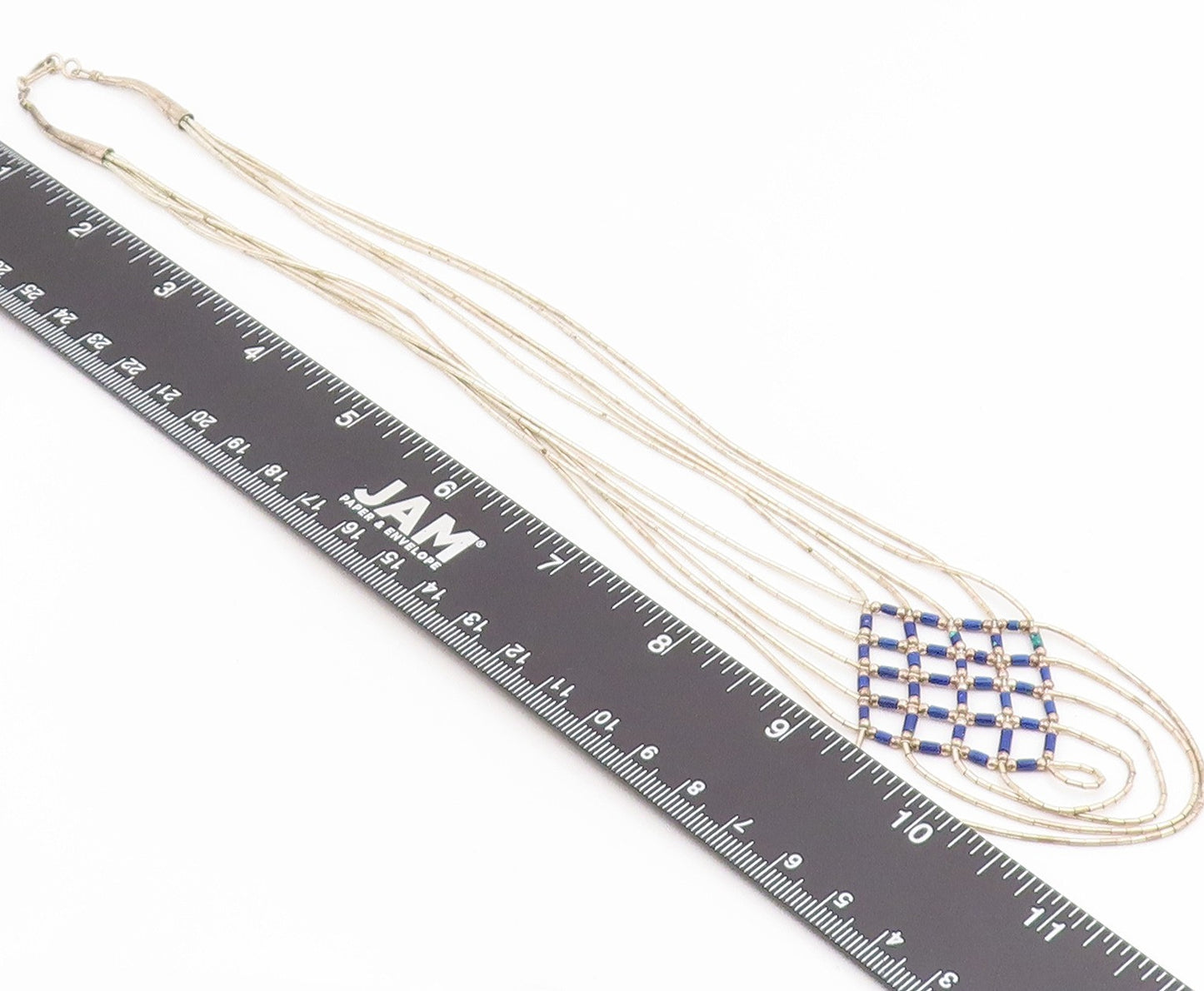 925 Sterling Silver Vintage Necklace Modernist Lapis Lazuli Beaded Net  NE4855